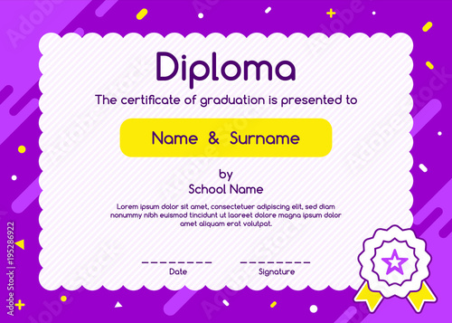 Children diploma or certificate design template on purple background. Lovely graphic coupon for kids graduation.