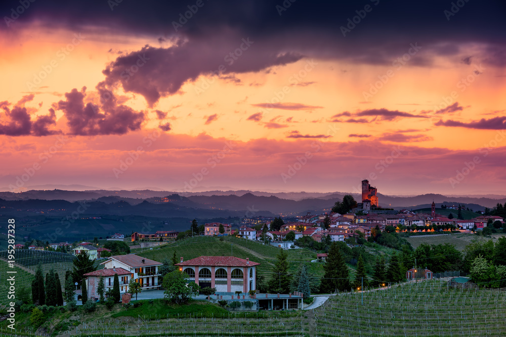 Small town on the hill at evening in Italy.