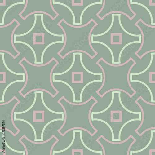 Geometric seamless pattern. Olive green background with pale pink elements