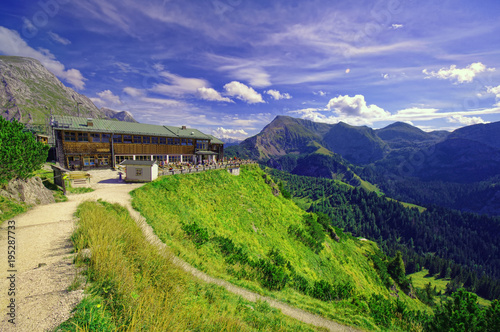mountain chalet of Jennerbahn at Jenner peak in Germany Alps, mountain landscape photo