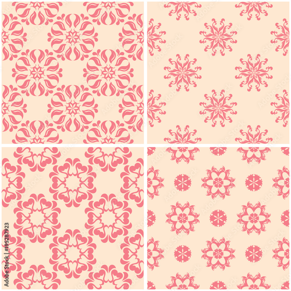 Floral patterns. Set of beige and red seamless backgrounds Floral patterns. Set of beige and red seamless backgrounds