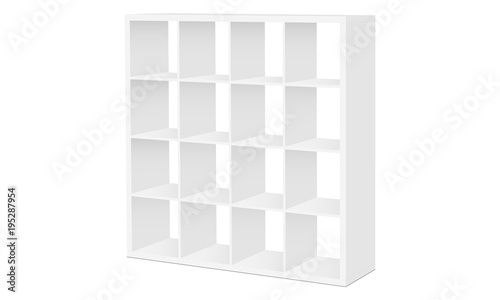 Shelving stand mockup isolated on white background - half side view. Vector illustration photo