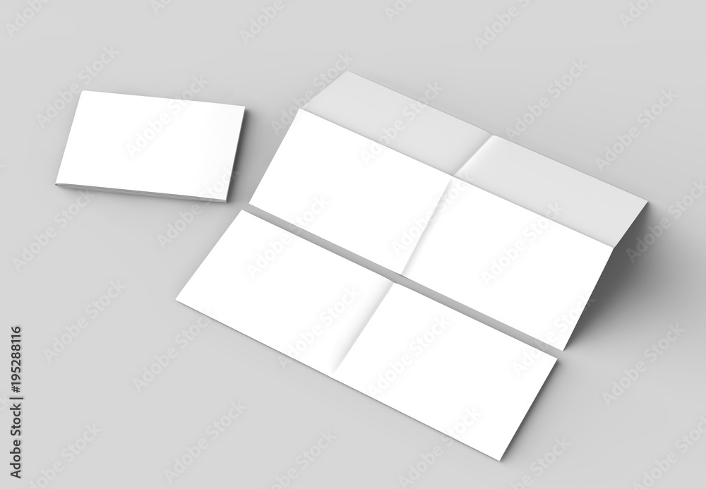 8 page leaflet - French fold right angle horizontal - landscape brochure mock up isolated on soft gray background. 3D illustrating. 8 page leaflet - French fold right angle horizontal - landscape brochure mock up isolated on soft gray background. 3D illustrating.