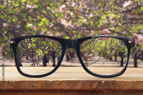 hipster glasses on a wooden rustic table in front of cherry tree flowers.