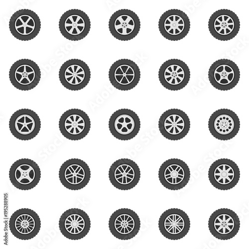 Wheel icons set. Vector flat car wheels disks signs