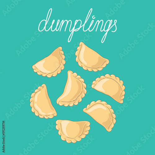 Dumplings (pierogi, varenyky, pelmeni, ravioli) set. Dumplings isolated on background. Polish cuisine. Eastern european cuisine. Vector hand drawn illustration.