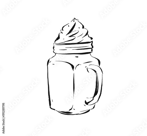 Hand drawn vector abstract artistic cooking ink sketch illustration drawing of milkshake cocktail and whipped cream in glass isolated on white background.Diet detox concept