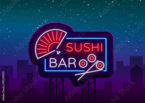 Vector neon sign logo Sushi bar, Asian fast-food street in a bar or shop, sushi, Onigiri with a salmon roll with chopsticks, isolated. Night Sashis bright, luminous advertising, neon bobbler seafood photo