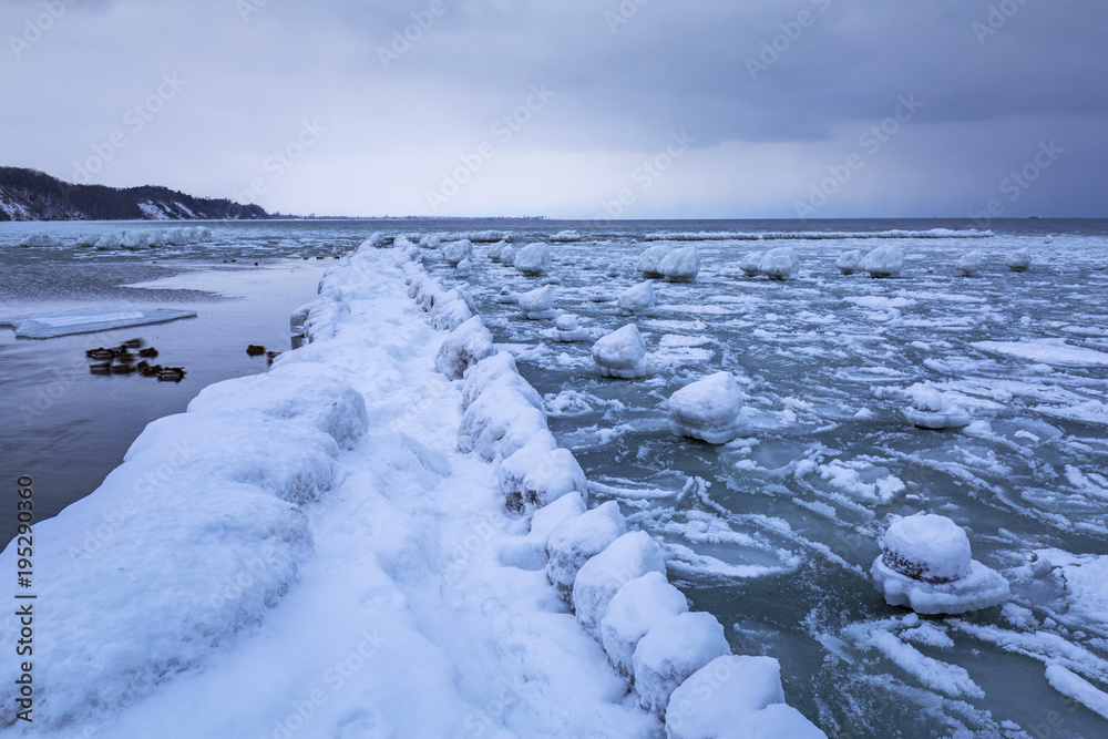 Frozen coastline of Baltic Sea in Gdynia, Poland