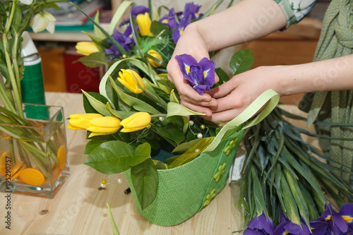 Fototapeta Naklejka Na Ścianę i Meble -  Hands of florist making bouquet spring flowers.