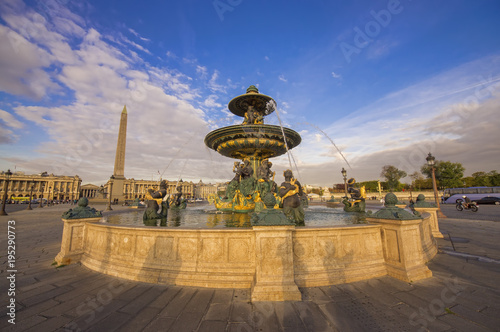 A fountain and the Obelisk on Concorde square (Place de la Concorde) in Paris, France