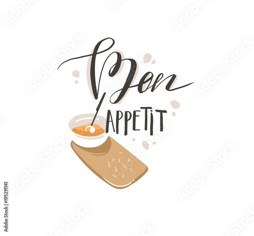 Hand drawn vector abstract modern cartoon cooking concept illustrations poster card with cream soup plate and handwritten calligraphy Bon appetit isolated on white background