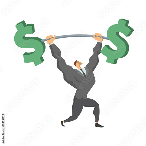 Businessman Lifting Up Barbell with Dollar Sign. Business character, symbol of success and self-confidence. Concept vector illustration, isolated on white background.