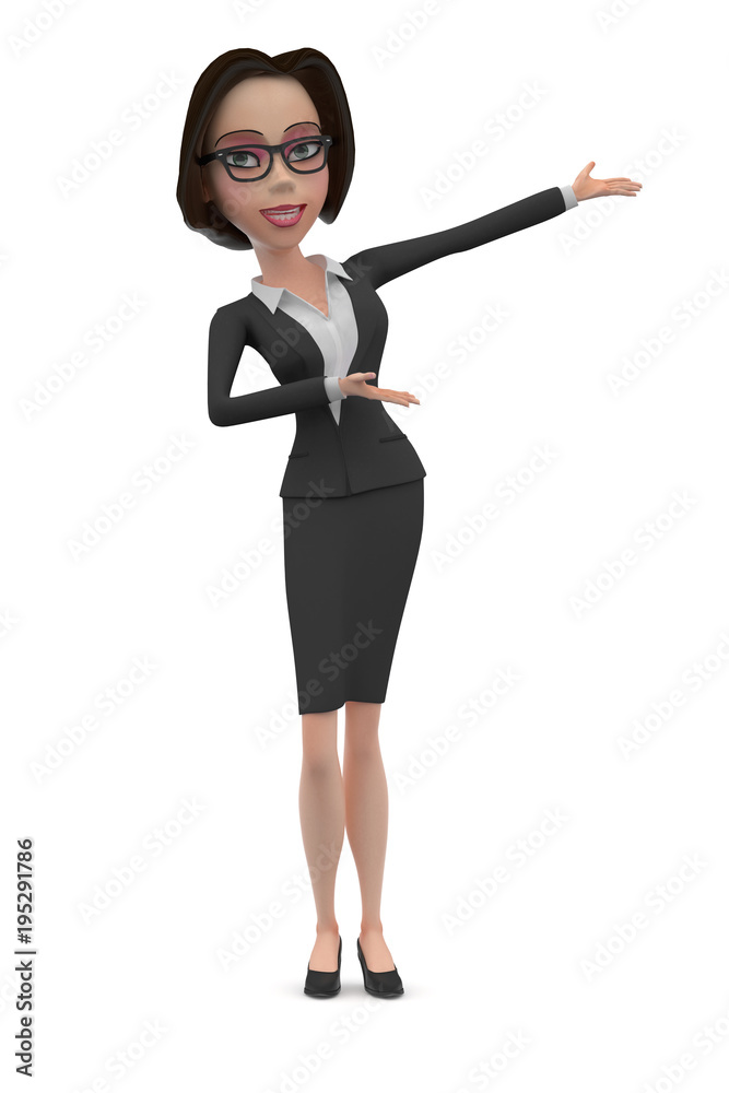 Smiling Standing Business woman wears Gray suit and glasses. She point out isolated on white - 3d illustration Smiling Standing Business woman wears Gray suit and glasses. She point out isolated on white - 3d illustration