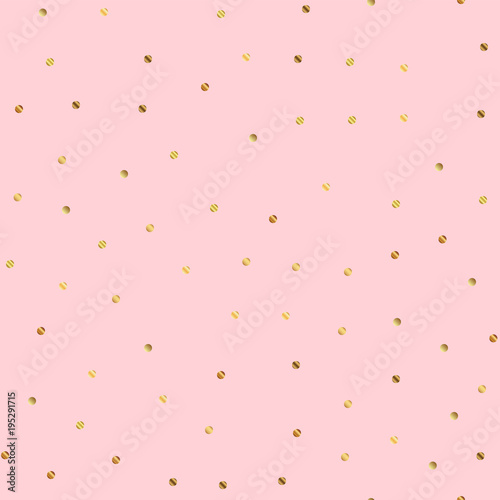 Golden dots seamless pattern on pink background. Fascinating gradient golden dots endless random scattered confetti on pink background. Confetti fall chaotic decor. Modern creative pattern.