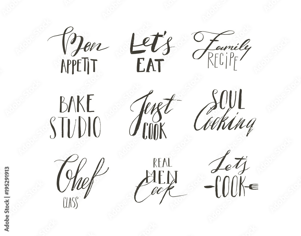 Hand drawn vector abstract modern cartoon cooking time fun illustrations icons lettering logo collection design set with cooking modern calligraphy quotes and text isolated on white background