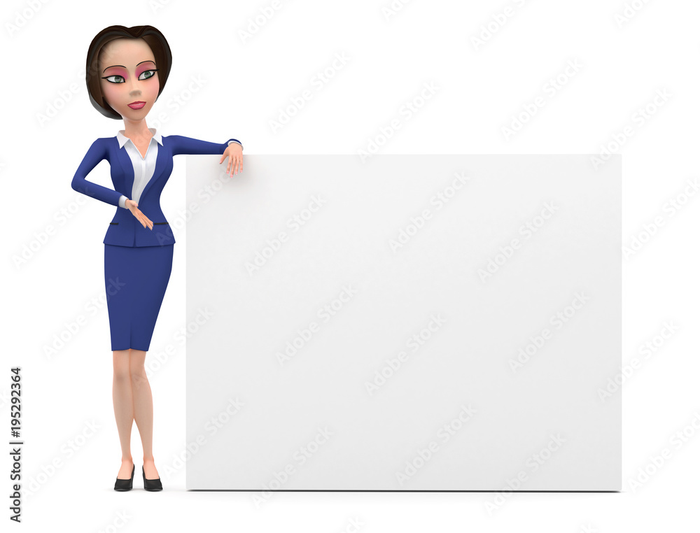 3D Illustration of Business woman wear blue suit stay beside white desk and point out on it