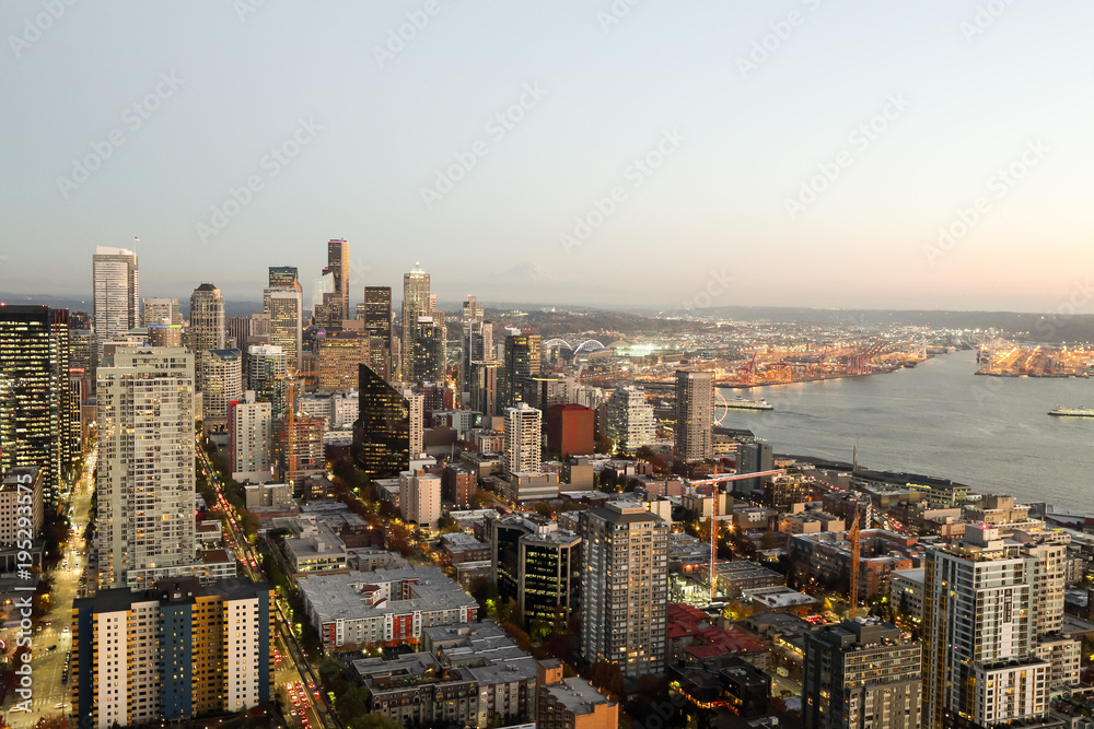 A View Over Elliott bay and Seattle Urban Downtown City Skyline Buildings Waterfront