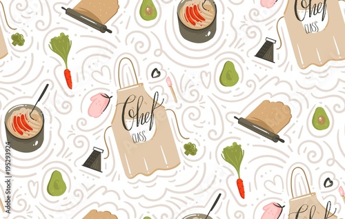 Hand drawn vector abstract modern cartoon cooking time fun illustrations icons seamless pattern with vegetables,apron,food,kitchen utensils and modern calligraphy isolated on white background