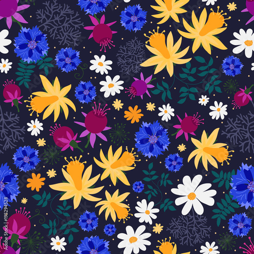 Seamless pattern with hand-drawn flowers. Vector background.