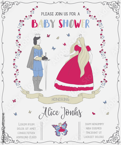 Baby shower invitation with prince, princess, fairy, roses and butterflies. Fairy tale theme. Vintage vector illustration