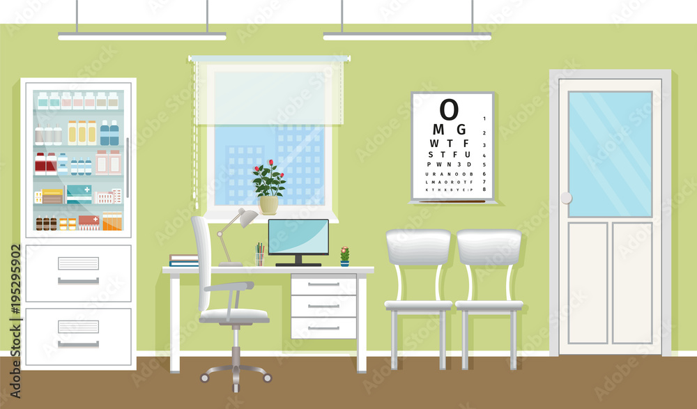 Doctor's office interior design in hospital. Empty medical consultation room with furniture and window. Doctor's office interior design in hospital. Empty medical consultation room with furniture and window.