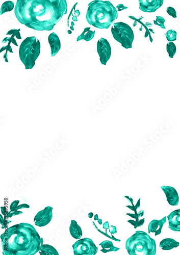 Painted watercolor composition with flowers and leaves. Frame of roses. Floral border. Can be used as invitation card for wedding, birthday, other holiday, summer background, poster, banner.