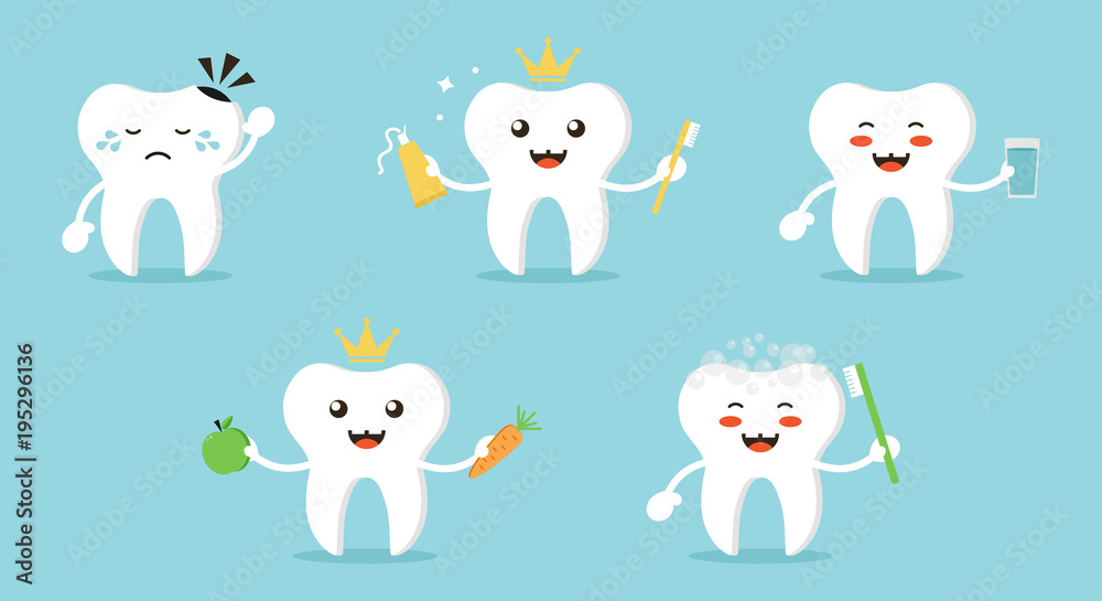 Set, collection of cartoon teeth characters, nice and smiling, doing different activities to keep themselves healthy and clean. Cute dental care vector illustrations. Set, collection of cartoon teeth characters, nice and smiling, doing different activities to keep themselves healthy and clean. Cute dental care vector illustrations.