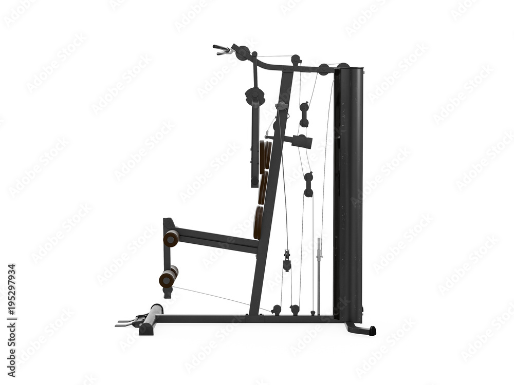 Multifunctional gym machine, right view isolated on white background. 3D Rendering, Illustration. Multifunctional gym machine, right view isolated on white background. 3D Rendering, Illustration.