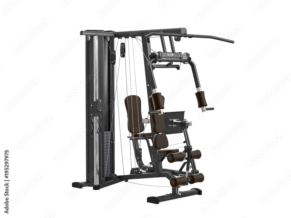 Multifunctional gym machine, angle view isolated on white background. 3D Rendering, Illustration. Multifunctional gym machine, angle view isolated on white background. 3D Rendering, Illustration.