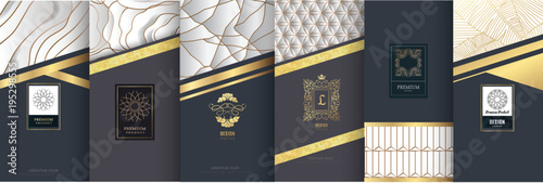 Collection of design elements,labels,icon,frames,for packaging,design of luxury products. for perfume,soap,wine,lotion.Made with golden foil.Isolated on silver and marble.vector illustration