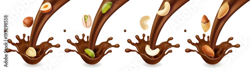 Pouring chocolate splashes and Nuts. Hazelnut, pistachio, almond, cashew realistic set