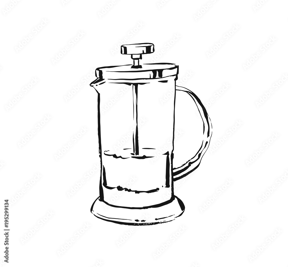 Hand drawn vector abstract artistic cooking ink sketch drawing illustration of coffee or hot tea drink press isolated on white background Hand drawn vector abstract artistic cooking ink sketch drawing illustration of coffee or hot tea drink press isolated on white background