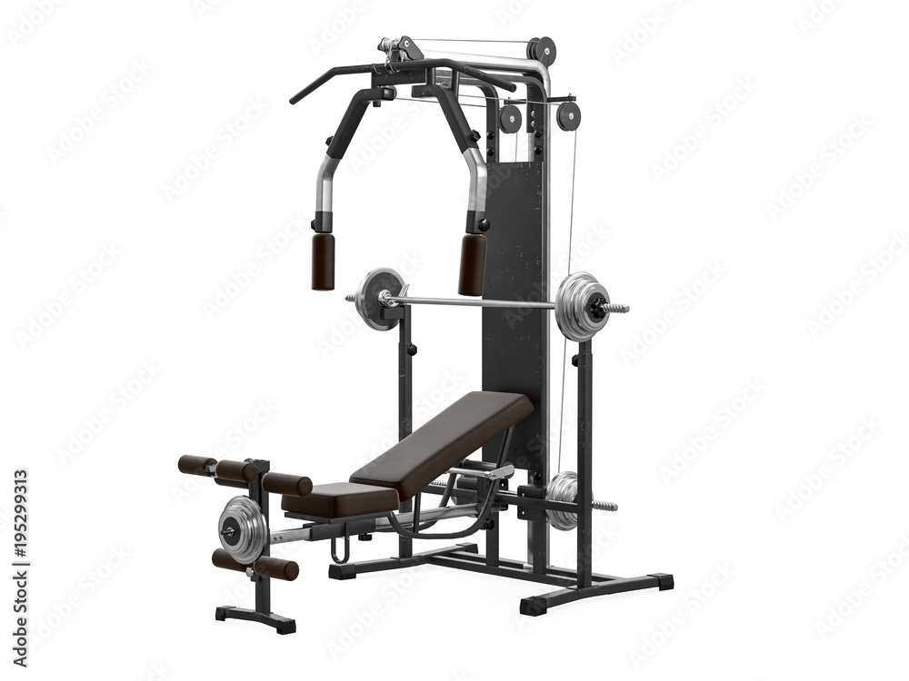 Multifunctional gym machine, angle view isolated on white background. 3D Rendering, Illustration. Multifunctional gym machine, angle view isolated on white background. 3D Rendering, Illustration.