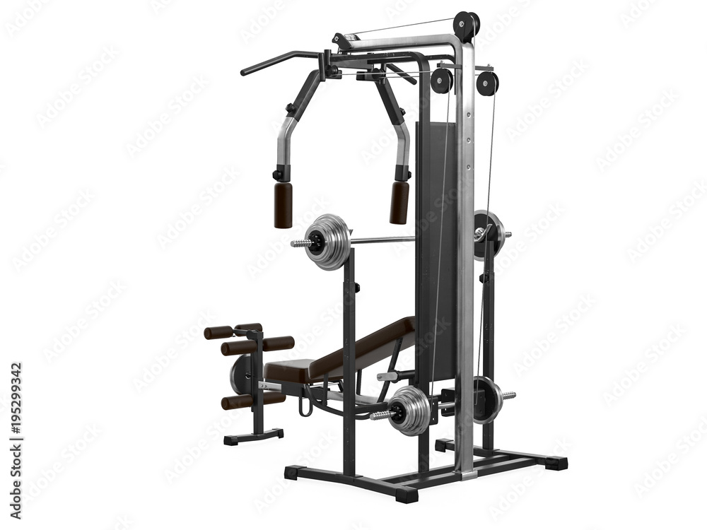 Multifunctional gym machine, angle view isolated on white background. 3D Rendering, Illustration. Multifunctional gym machine, angle view isolated on white background. 3D Rendering, Illustration.