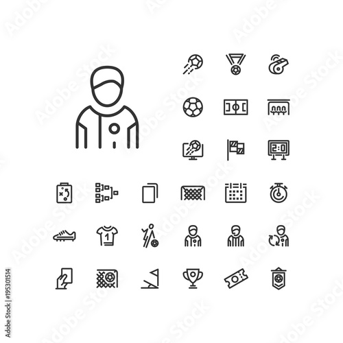 Player icon in set on the white background. Soccer / football linear icons to use in web and mobile app.