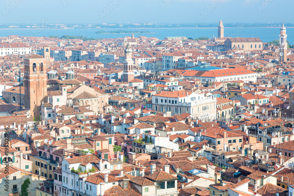 Aerial city view of Venice, Italy during misty morning in sommer. Tourism background concept.