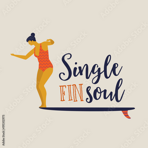 Single fin longboard surfing illustration with balancing surfer girl.