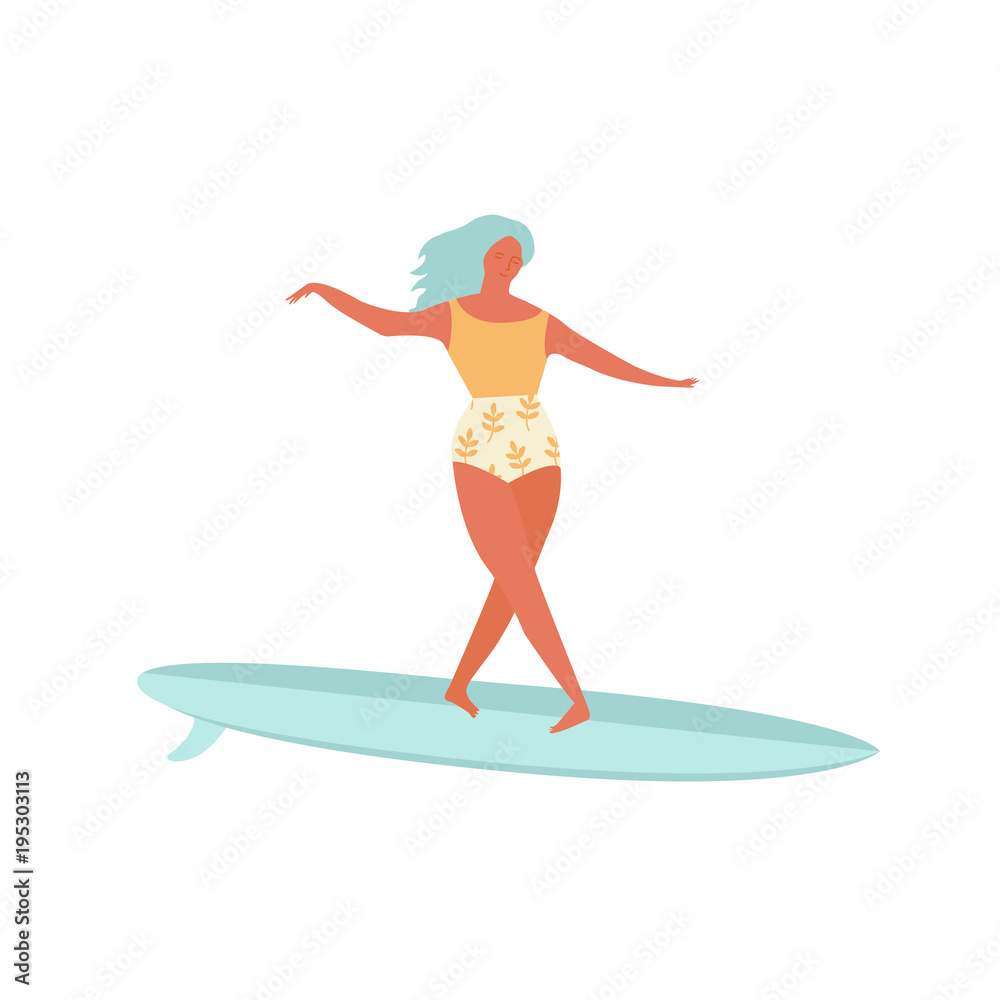 Surfer girl in bikini vector illustration. Flat style illustration.