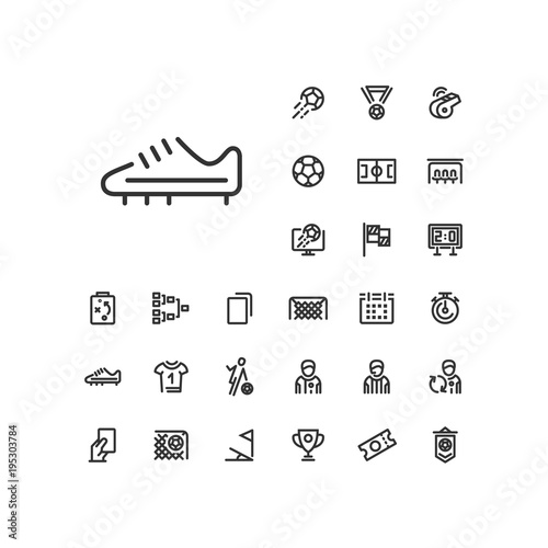 Soccer shoe icon in set on the white background. Soccer / football linear icons to use in web and mobile app.