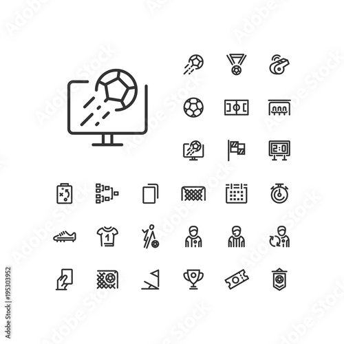 Soccer match on TV icon in set on the white background. Soccer / football linear icons to use in web and mobile app.