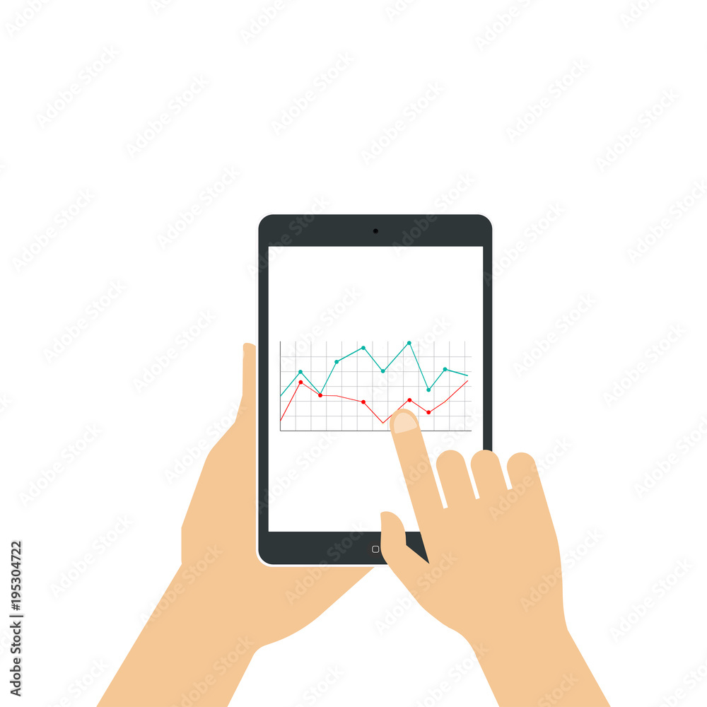 Businessman hold the tablet and pointing on the screen with line graph vector illustration Businessman hold the tablet and pointing on the screen with line graph vector illustration