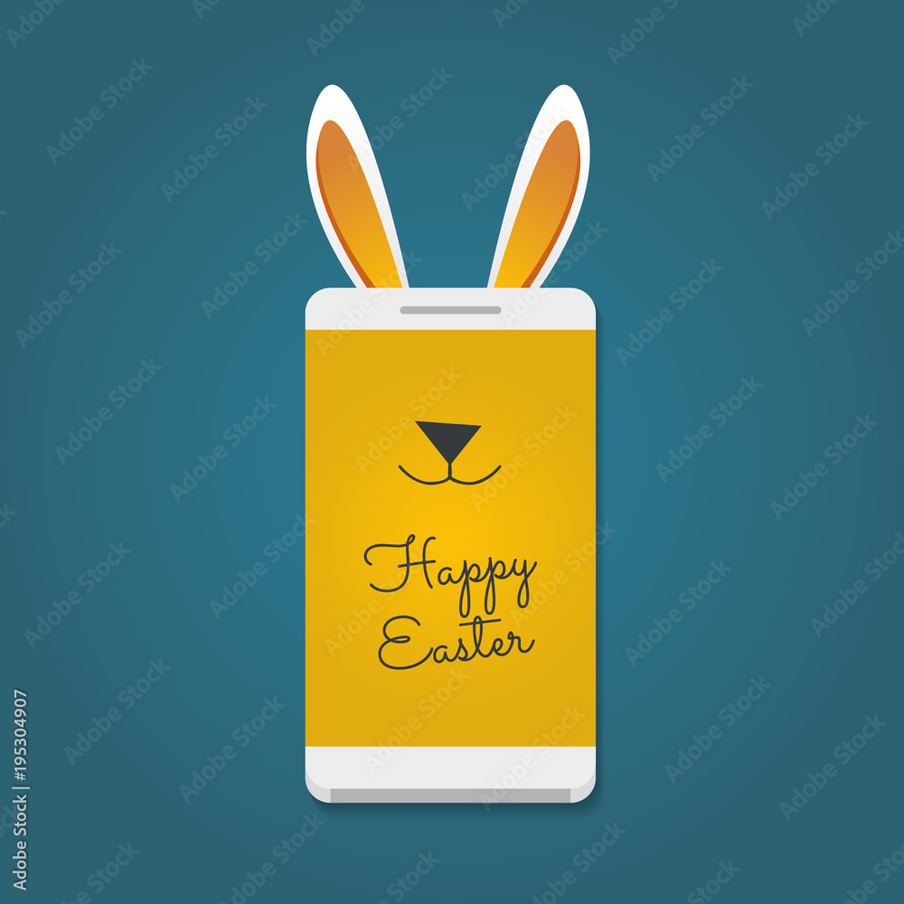Fototapeta premium Happy Easter message. Smartphone with bunny ears