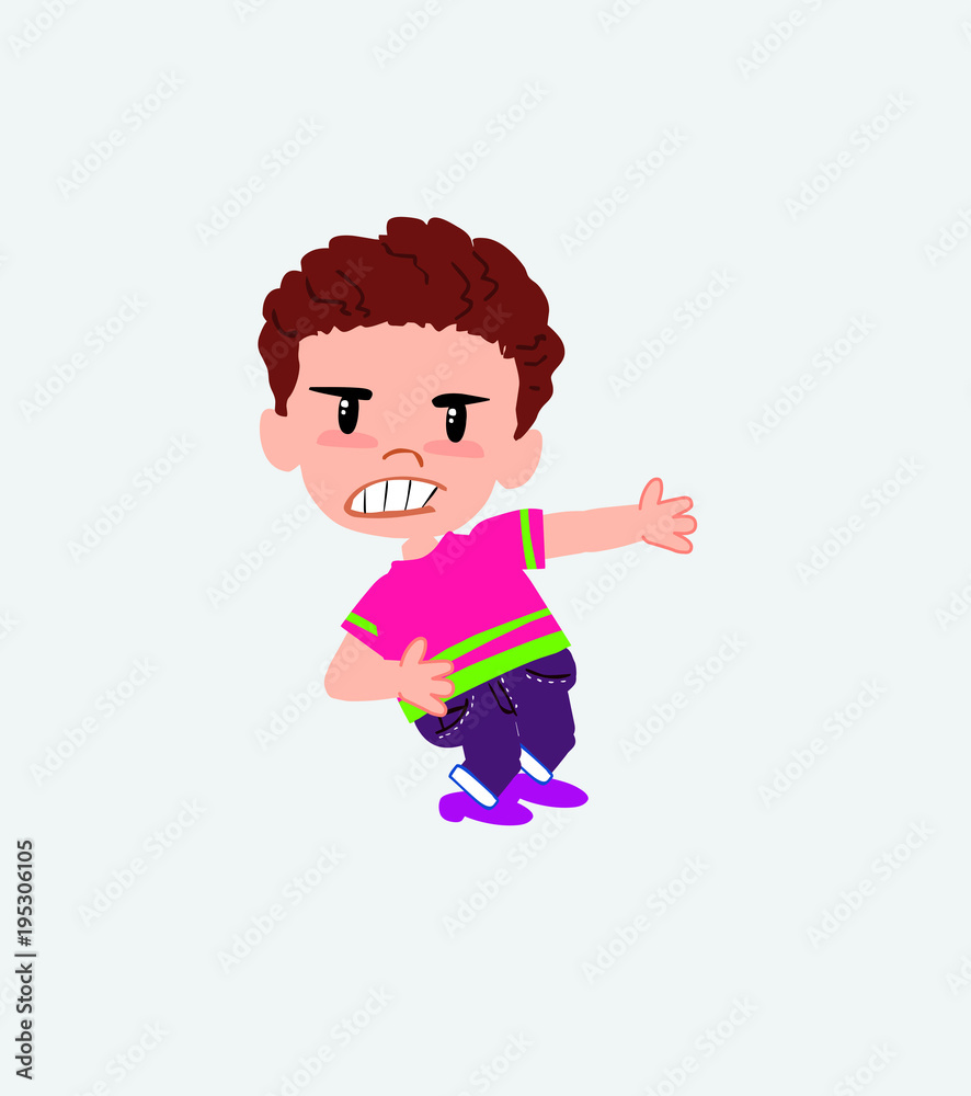 Boy in shirt shows very angry something to his left. Boy in shirt shows very angry something to his left.