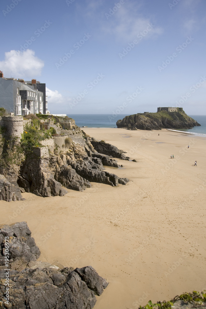 UK, Wales, Pembrokeshire, Tenby, seafront and beach view
