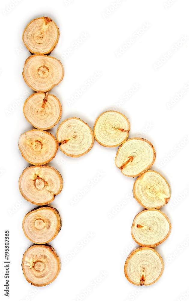 Alphabet letters made from Wood slice on white Background.h Alphabet letters made from Wood slice on white Background.h