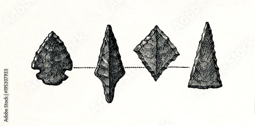 Tableau sur toile Stone arrowheads from prehistoric stilt-house settlement (from Meyers Lexikon, 1