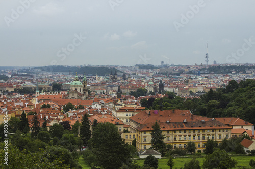 View of the Old Town of Prague from a high point. Red roofs, historical architecture. Czech Republic