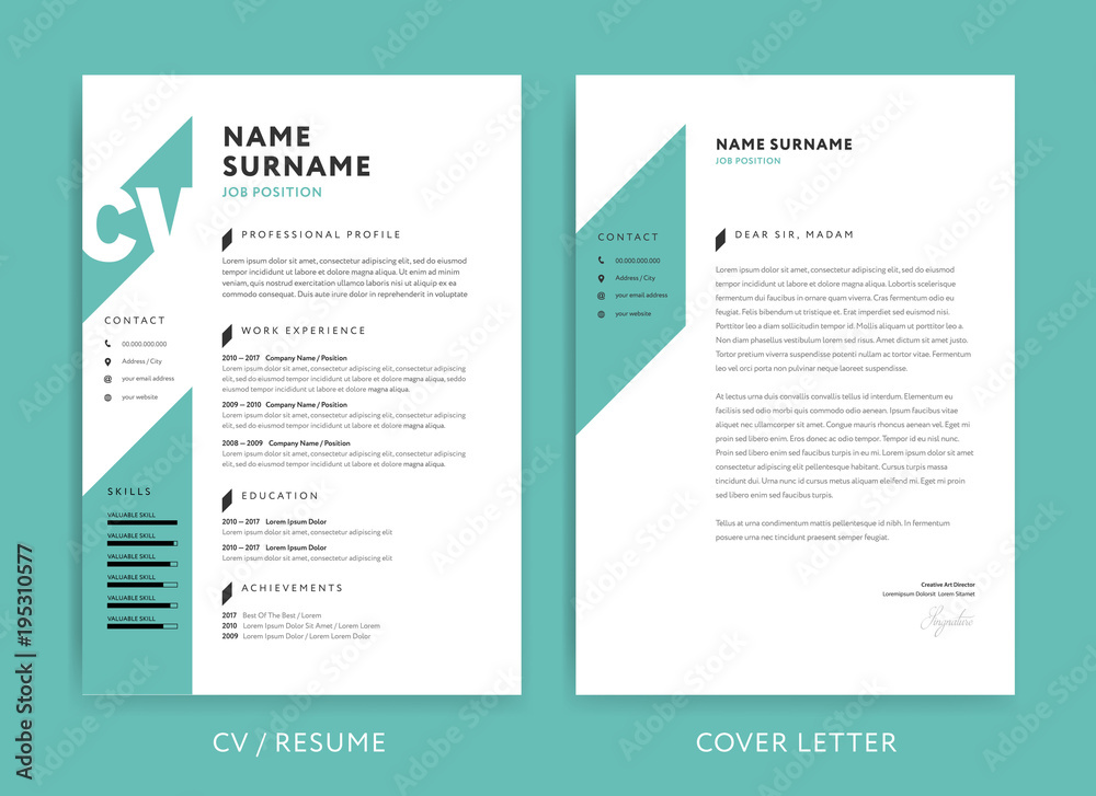 Creative CV / resume template teal green background color minimalist vector  Stock Vector | Adobe Stock