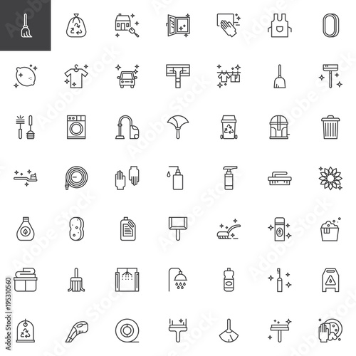 Cleaning and housekeeping outline icons set. linear style symbols collection, line signs pack. vector graphics. Set includes icons as cleaning service, washing machine, laundry, detergent, duster 